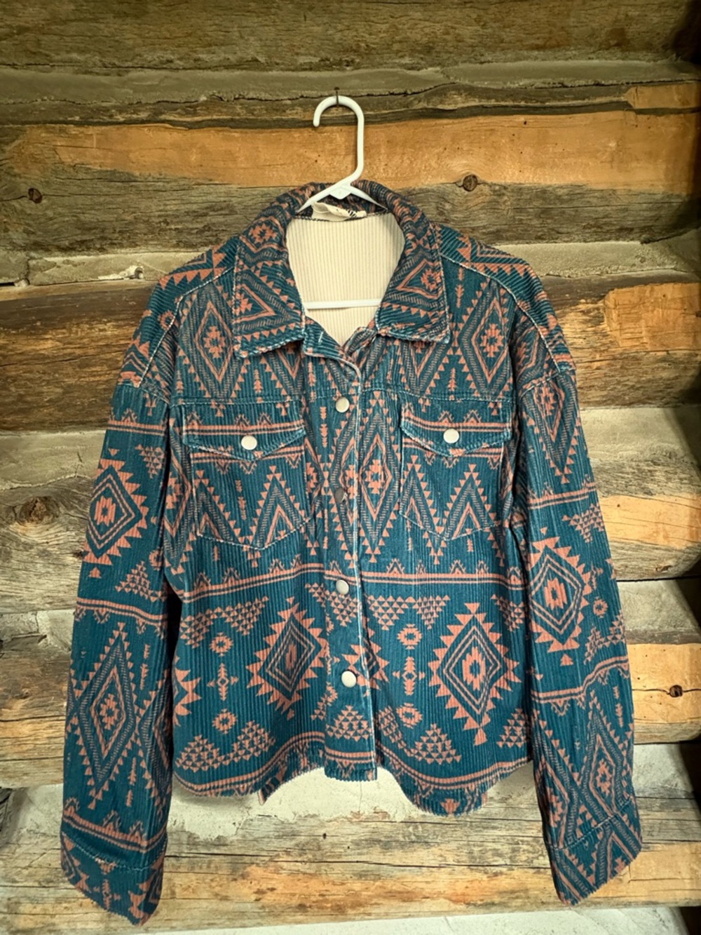 Teal and Dusty Pink Aztec Corduroy Button-Up Jacket